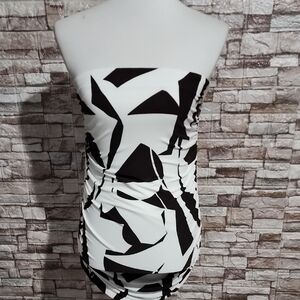 Express Strapless Brown & White Geometric Ruched Top Brand New